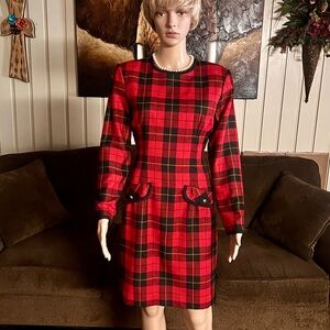 Elegant Red and Black Plaid Midi Dress
